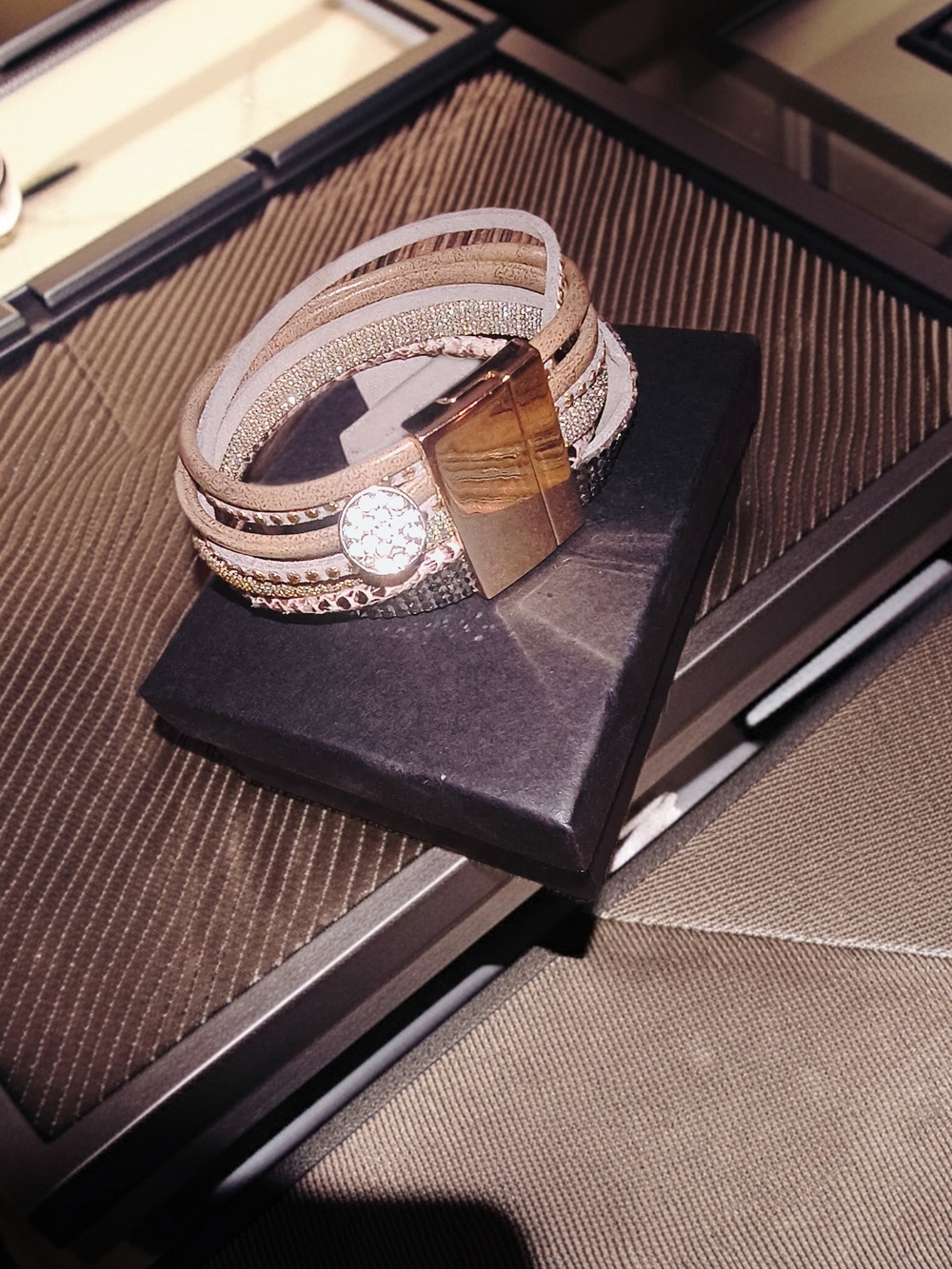 Source Unknown Gold and Beige Multi-Strand Wrap Bracelet with Crystal Accent